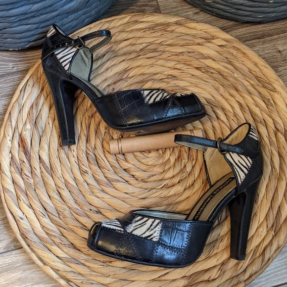 EUC (W6.5) - CHINESE LAUNDRY Zebra Patchwork Peeptoe Mary Jane - Picture 6 of 7